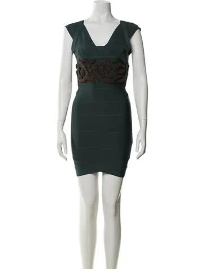 Pre-owned Herve Leger V-neck Mini Dress W/ Tags In Green