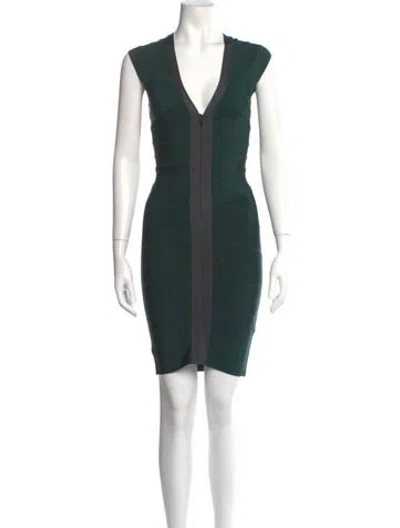 Pre-owned Herve Leger V-neck Mini Dress W/ Tags In Green