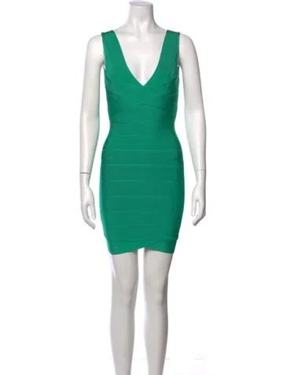 Pre-owned Herve Leger V-neck Mini Dress W/ Tags In Green