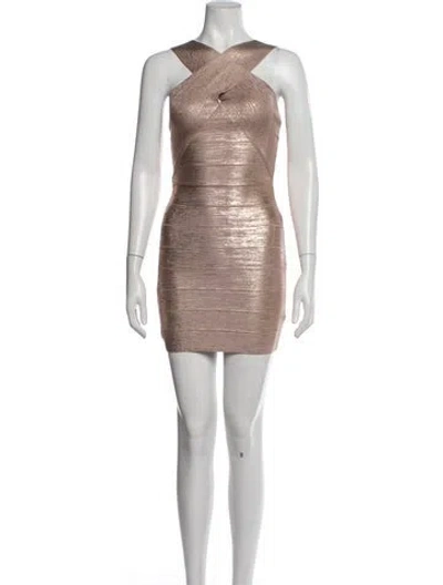 Pre-owned Herve Leger V-neck Mini Dress W/ Tags In Metallic/neutrals