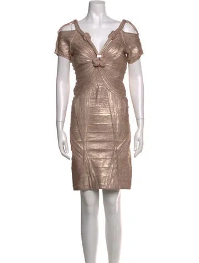 Pre-owned Herve Leger V-neck Mini Dress W/ Tags In Metallic/pink