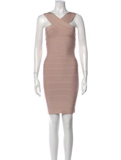 Pre-owned Herve Leger V-neck Mini Dress W/ Tags In Neutral