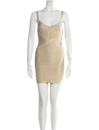 Pre-owned Herve Leger V-neck Mini Dress W/ Tags In Neutral