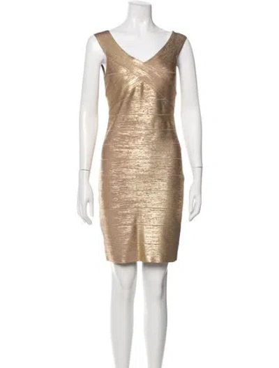 Pre-owned Herve Leger V-neck Mini Dress W/ Tags In Neutrals