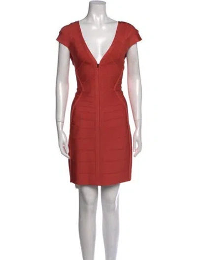 Pre-owned Herve Leger V-neck Mini Dress W/ Tags In Orange