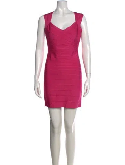Pre-owned Herve Leger V-neck Mini Dress W/ Tags In Pink
