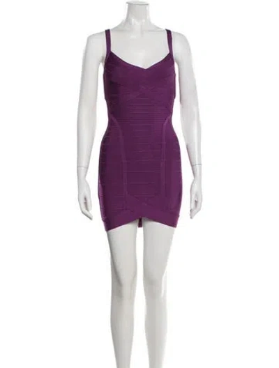 Pre-owned Herve Leger V-neck Mini Dress W/ Tags In Purple