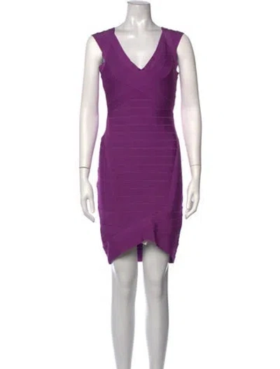 Pre-owned Herve Leger V-neck Mini Dress W/ Tags In Purple