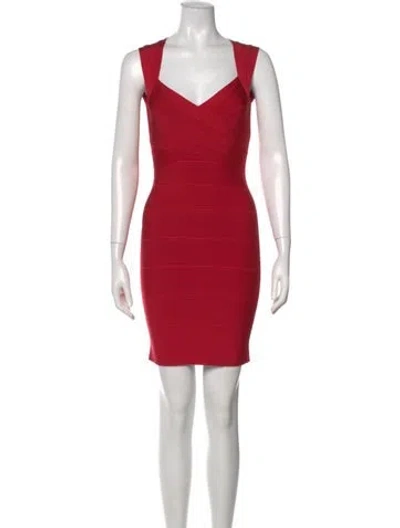 Pre-owned Herve Leger V-neck Mini Dress W/ Tags In Red