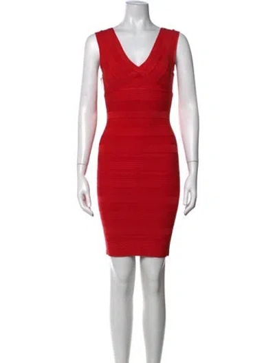 Pre-owned Herve Leger V-neck Mini Dress W/ Tags In Red