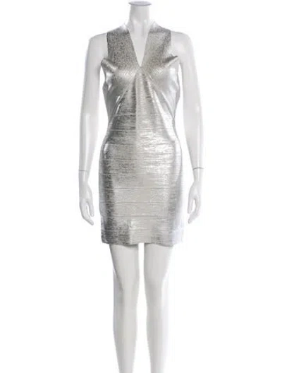 Pre-owned Herve Leger V-neck Mini Dress W/ Tags In Silver