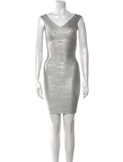 Pre-owned Herve Leger V-neck Mini Dress W/ Tags In Silver