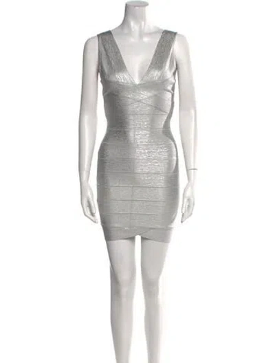 Pre-owned Herve Leger V-neck Mini Dress W/ Tags In Silver