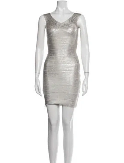 Pre-owned Herve Leger V-neck Mini Dress W/ Tags In Silver