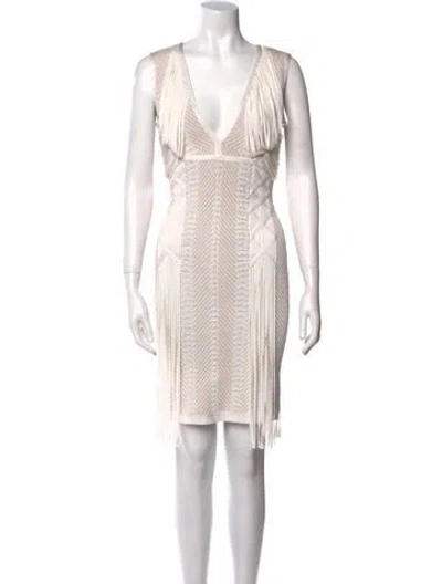Pre-owned Herve Leger V-neck Mini Dress In White