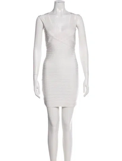 Pre-owned Herve Leger V-neck Mini Dress In White