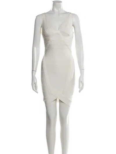 Pre-owned Herve Leger V-neck Mini Dress In White