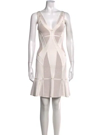 Pre-owned Herve Leger V-neck Mini Dress In White