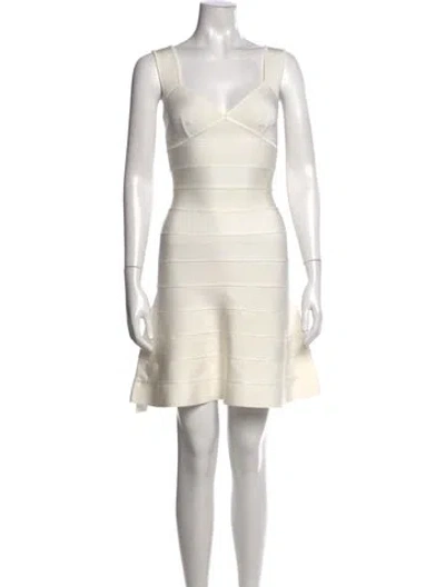 Pre-owned Herve Leger V-neck Mini Dress In White