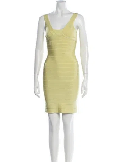 Pre-owned Herve Leger V-neck Mini Dress In Yellow
