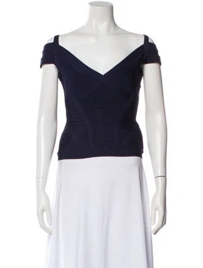 Pre-owned Herve Leger V-neck Short Sleeve Top In Black