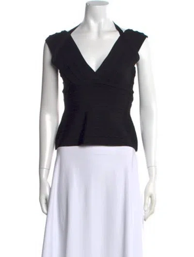 Pre-owned Herve Leger V-neck Short Sleeve Top In Black