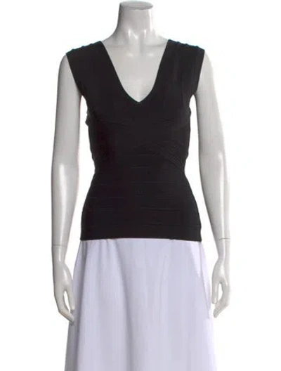 Pre-owned Herve Leger V-neck Short Sleeve Top W/ Tags In Black