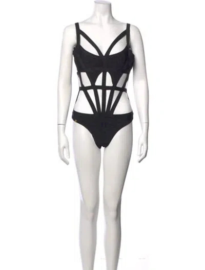 Pre-owned Herve Leger V-neck Sleeveless Bodysuit W/ Tags In Black