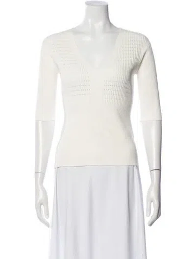 Pre-owned Herve Leger V-neck Three-quarter Sleeve Top In White