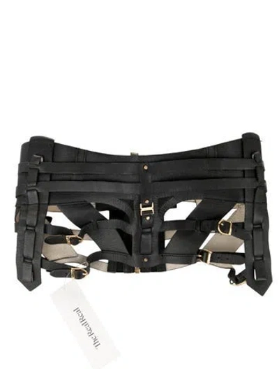 Pre-owned Herve Leger Wide Leather Waist Belt In Black