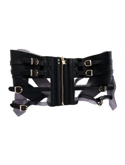 Pre-owned Herve Leger Wide Leather Waist Belt W/ Tags In Black