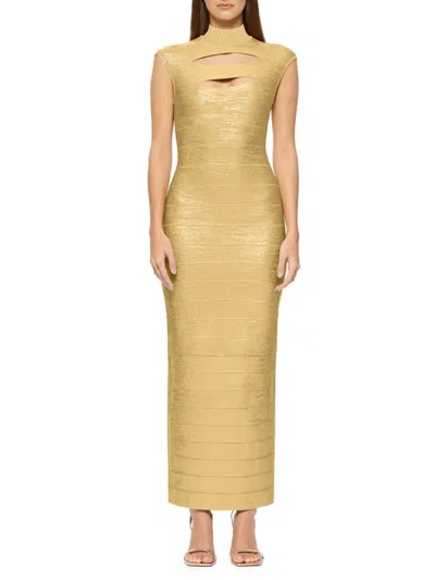 Herve Leger Foiled Cutout Bandage Gown In Gold Foil