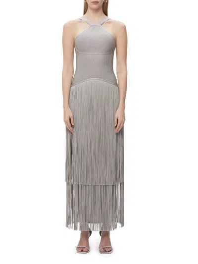Herve Leger Kennedy Metallic Fringe Gown In Met Silver