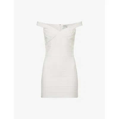 Herve Leger Womens Alabaster The Rachel Off The Shoulder Stretch-knitted Mini Dress In White
