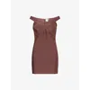 Herve Leger Womens Coffee The Rachel Off The Shoulder Stretch-knitted Mini Dress Xs In Brown