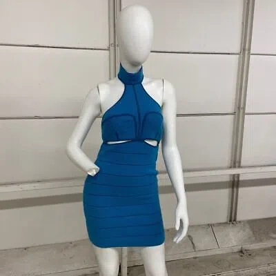 Pre-owned Herve Leger Wool-blend Mini Dress Women's Size L Teal In Blue