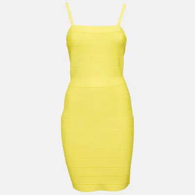 Pre-owned Herve Leger Yellow Stretch Knit Bandage Mini Dress M