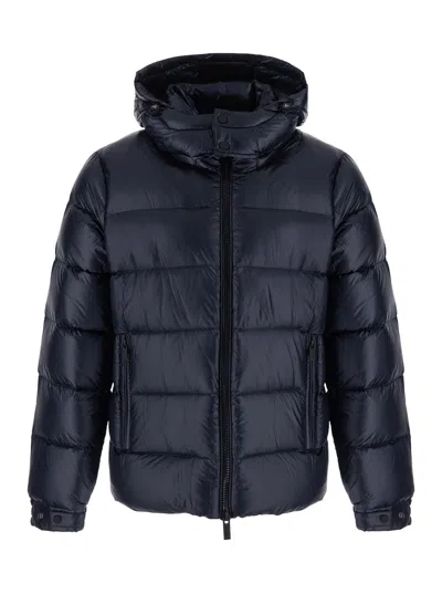 Hèskimo Heskimo Men's Short Semi-shiny Down Jacket With Hood And Zip Front Pockets In Blu