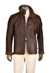 Hettabretz Leather Zip Up Belt Collar Shearling Coat In Brown