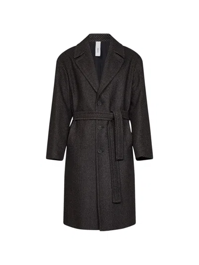 Hevo Black And Taupe Herringbone Wool-blend Ostuni Single-breasted Belted Coat In Brown