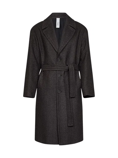 Hevo Black And Taupe Herringbone Wool-blend Ostuni Single-breasted Belted Coat