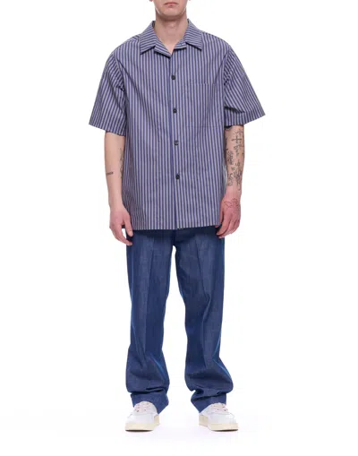 Hevo Blue Navy Novoli Striped Cotton Overshirt