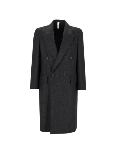 Hevo Herringbone Double-breasted Coat In Schwarz