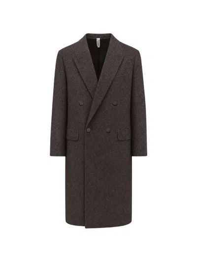 Hevo Martina Franca Herringbone Double-breasted Coat In Brown