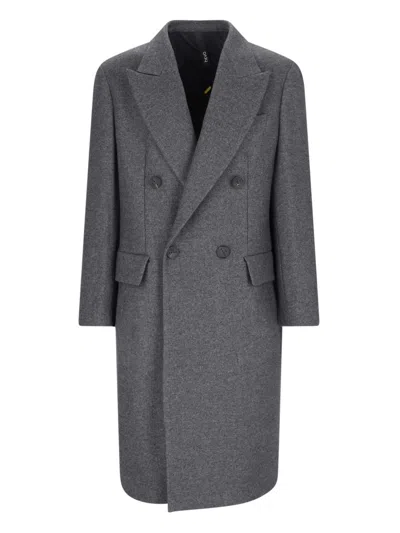 Hevo Grey Double-breasted Coat With Pointed Lapels In Wool Blend Man