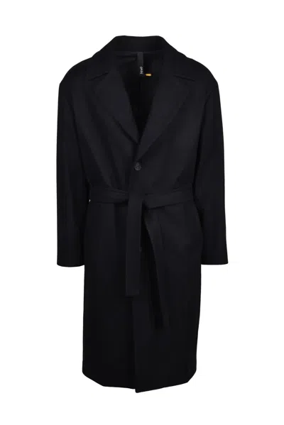 Hevo Mid-length Black Coat With Self-tie Belt In Multi