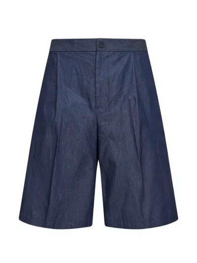 Hevo Pleated Cotton Shorts In Blue