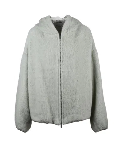 Hevo Plush Green Coat With Hood And Adjustable Hem In White