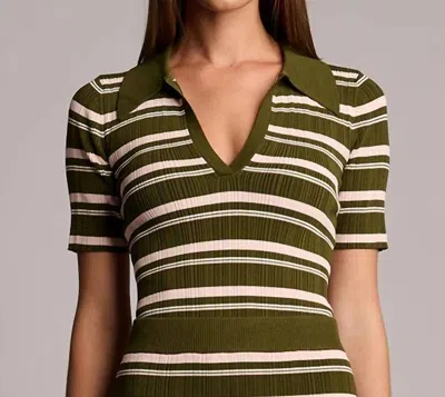 Hevron Daisy Knit Polo In Olive Stripe In Green