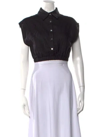 Pre-owned Hevron Linen Short Sleeve Button-up Top In Black